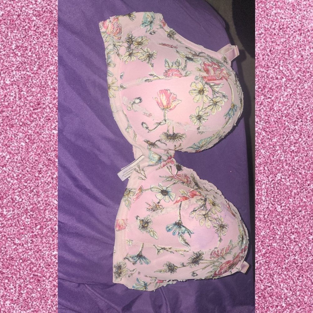 Pink Floral Underwire Bra with Lace Trim